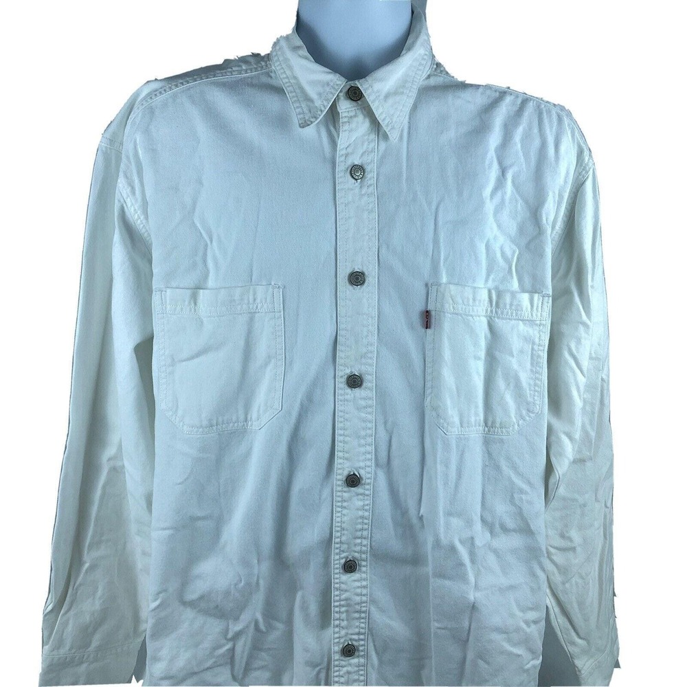 Vintage 90s Levi's White Denim Jean Shirt Metal Buttons Up Men's Large - Picture 5 of 9
